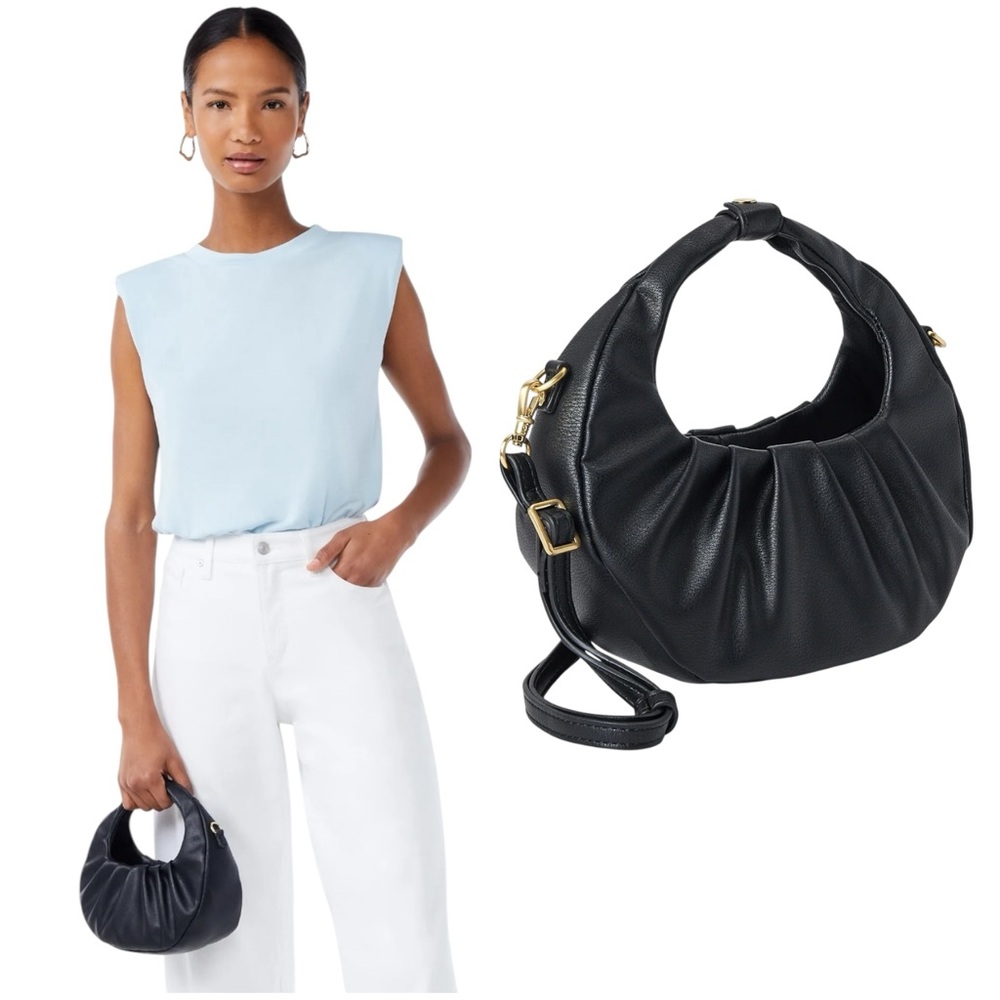 Scoop NWT Black Faux Leather Crescent Crossbody Bag Ruched Shoulder‎ Purse Moon